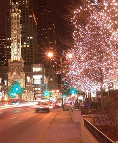 a city street filled with lots of traffic next to tall buildings covered in christmas lights