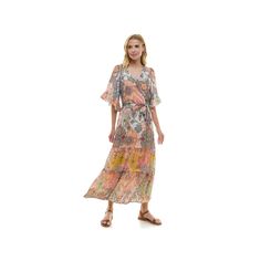 Step into style with this women's Figueroa & Flower flutter sleeve tiered maxi dress.Click on this WOMEN'S GUIDE to find the perfect fit and more! Step into style with this women's Figueroa & Flower flutter sleeve tiered maxi dress.Click on this WOMEN'S GUIDE to find the perfect fit and more! FEATURES V-neck Flared elbow sleeves Fit & flare silhouette Bubble plaid construction Tiered hem No closure - pullover styling Coordinating belt Fully linedFIT & SIZING 55-in. length from shoulder to hem Ma Colorful Floral Print V-neck Maxi Dress, Bohemian Maxi Dress With 3/4 Sleeve Floral Print, Bohemian Maxi Dress With Vibrant Print And V-neck, Multicolor Floral Print V-neck Boho Dress, Multicolor Floral Print V-neck Beach Dress, Elbow Sleeve, Tiered Maxi Dress, Womens Size Chart, Flutter Sleeve