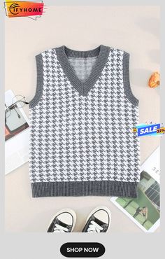 Gray V Neck Argyle Plaid Knitted Sweater Vest Knitted Sweater Vest, Knitted Sweater, Sweater Vest, Knitted Sweaters, On Sale, Plaid, V Neck, Grey, Free Shipping