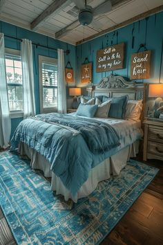 a bed sitting in a bedroom on top of a blue rug