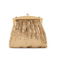 Whiting & Davis gold-coloured metal mesh minaudière. The interior is lined in fabric and has a single compartment, with an open side pocket. Kiss-lock closure and shoulder chain strap. HANDLE Shoulder gold-coloured chain strap. CLOSURE Kiss-lock closure with gold-coloured frame. MATERIAL Made in gold-coloured metal mesh. The interior is lined in gold-coloured fabric. FUNCTIONALITY It has a single compartment, with an open side pocket in fabric. The lining is reinforced with a thick interlining t Classic Evening Bag With Chain Strap For Parties, Classic Chain Strap Evening Bag For Parties, Classic Gold Evening Bag For Formal Occasions, Classic Party Evening Bag With Chain Strap, Classic Gold Clutch Evening Bag, Classic Party Clutch With Gold-tone Hardware, Classic Gold Evening Bag With Chain Strap, Gold Clutch Evening Bag With Chain Strap, Classic Clutch With Chain Strap For Party