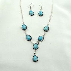 "Beautiful sterling silver and blue Larimar necklace and earring set. Marked 925 A wonderful addition your personal jewelry collection. FREE SHIPPING! Details: Sterling Silver: (as shown in picture) Larimar: Cabochons Approximate Earring Dimensions: 3/4 inch (plus a 1/2 inch drop) x 5/8 inch Approximate Necklace Dimensions: 18 inches with a 2 inch drop pendant Total Weight (set): 34.0 grams FREE domestic shipping by USPS Priority Mail Signature Confirmation and includes insurance. If the item is Turquoise Teardrop Jewelry Set, Turquoise Teardrop Jewelry With Matching Earrings, Turquoise Teardrop Beads For Jewelry Making, Nickel-free Turquoise Jewelry For Anniversary, Nickel-free Larimar Silver Jewelry, Turquoise Teardrop Jewelry For Anniversary, Blue Larimar Gemstone Jewelry, Sterling Silver Blue Necklace With Matching Earrings, Blue Teardrop Jewelry With Matching Earrings