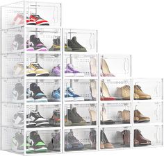 the shoe rack is filled with many pairs of shoes, all in clear acrylic boxes