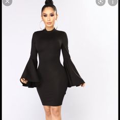 Bell Sleeve Fashion Nova Dress Dresses With Bell Sleeves, 60s Outfit, Plain Black Dress, Purple Bandage Dress, Black Dress Long Sleeve, Tight Midi Dress, Black Plain Dress, Tube Midi Dress, Tie Sleeve Dress