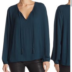 Daniel Rainn Release Pleast Tassel Tie Blouse. Brand Bew. Never Worn. Fringe V-neck Top For Fall, Casual V-neck Blouse With Tassels, Blue V-neck Top With Tassels, Blue V-neck Tops With Tassels, V-neck Fringe Top For Fall, Casual Long Sleeve Tops With Back Tassel Tie-up, Casual Long Sleeve Tops With Tassel Ties, Bohemian Long Sleeve Blouse With Fringe, Bohemian Long Sleeve Fringe Blouse