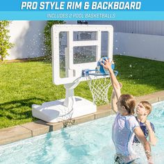 an adult and child playing basketball in a pool with the text pro style rim & backboard includes 2 pool basketballs