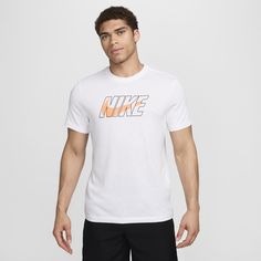 Designed with a classic fit, this lightweight tee is made from smooth, breathable jersey fabric. Nike Dri-FIT technology moves sweat away from your skin for quicker evaporation, helping you stay dry and comfortable. White Breathable Athleisure T-shirt, White Breathable T-shirt For Athleisure, White Workout T-shirt With Logo Print, White Athletic Fit T-shirt For Workout, Nike Functional T-shirt For Sports Events, Functional White Crew Neck T-shirt, Basic Nike T-shirt Moisture-wicking, Basic White Sports T-shirt, White Short Sleeve T-shirt For Light Sports