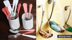 there are two pictures with different items in them, one has utensils and the other has spoons