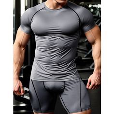 Season:Spring  Summer; Function:Fast Dry,Breathable; Fabric:Polyester,90% Polyester 10% Spandex; Sleeve Length:Short Sleeve; Gender:Men's; Style:Casual,Sport; Elasticity:Micro-elastic; Tops Type:Shorts and T Shirt Set,Sports T-Shirt,Compression Tops; Occasion:Outdoor,Gym,Running,Daily; Fit Type:Regular Fit; Pattern:Plain; Design:2 Piece; Neckline:Crew Neck; Front page:FF; Listing Date:02/21/2024; Production mode:External procurement; Bust:; Hips:; Length [Bottom]:; Length [Top]:; Waist: Gray Moisture-wicking Short Sleeve Activewear, Gray Short Sleeve Activewear For Light Sports, Gray Stretch Activewear With Short Sleeves, Gray Stretch Short Sleeve Activewear, Gray Short Sleeve Activewear For Gym, Gray Short Sleeve Activewear For Sports, Gray Short Sleeve Sportswear Activewear, Gray Short Sleeve Activewear, Athletic Heather Short Sleeve Activewear For Gym