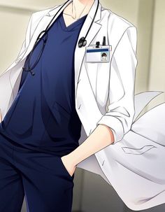 an anime character wearing a white lab coat and blue pants with a stethoscope around his neck