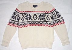 THIS AUCTION IS FOR A POLO by RALPH LAUREN 100% COTTON KNIT SNOWFLAKE SWEATER. SIZE 6. BEIGE WITH RED AND NAVY BLUE SNOWFLAKE DESIGN. SIZE 6.  AGE: 5 YEARS. HEIGHT:46-48.5". WEIGHT: 45-49 LBS.  LONG SLEEVES. RIBBED NECK, CUFFS AND HEM. 100% COTTON KNIT. MACHINE WASHABLE.  PLEASE VISIT MY STORE BUNCHES BARGAINS FOR MORE GREAT BUYS.12 Fitted Cotton Winter Sweater, Warm Cotton Sweater For Cold Weather, Cotton Sweater For Cold Weather, Cotton Fair Isle Pattern Top For Fall, Winter Cotton Top With Fair Isle Pattern, Winter Fair Isle Pattern Cotton Tops, Cotton Fair Isle Pattern Tops For Winter, Cotton Fair Isle Winter Tops, Ralph Lauren Long Sleeve Winter Tops