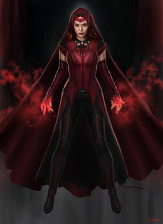 a woman dressed in red and black standing with her hands on her hips while wearing a cape