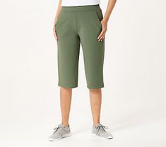 Not too short, not too long -- these stretch skimmers satisfy many spring and summer styles. From Denim & Co.® Fashions. Summer Stretch Capris With Pull-on Style, Casual Capris With Built-in Shorts For Spring, Sporty Pull-on Style Bottoms For Spring, Casual Capris With Built-in Shorts, Stretch Cotton Capris With Pull-on Style, Sporty Solid Color Summer Capris, Spring Stretch Pull-on Pants, Green 4-way Stretch Pants For Spring, Sporty Summer Capris With Elastic Waistband