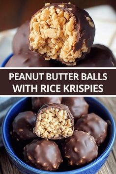 peanut butter balls with rice krispies in a blue bowl