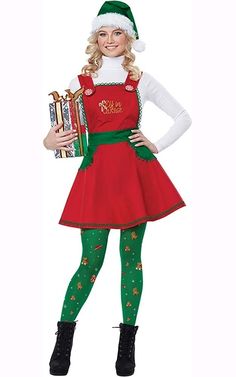 a woman in a christmas costume holding a trophy and wearing green tights with red stockings