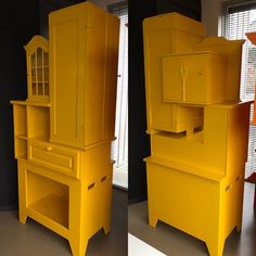 there are two yellow cabinets in the same room