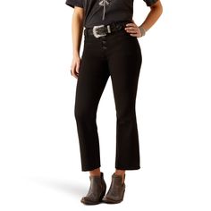 This modern high-rise crop pairs a kick-flare hem with an exposed button-front you can dress up or down. The rich, dyed denim and front welt pockets make it a go-to party jean. HR Jazmine Kick Flare | Product Features : 0 : Contoured waistband hugs your curves for a fit that moves with you | Women's High Rise Jazmine Kick Flare Jeans in Black 10 oz ring-spun stretch denim. 92% Cotton, 6% Polyester, 2% Elastane. Imported, Size: 28 Regular by Ariat Edgy High Rise Cotton Flare Jeans, Edgy High-rise Cotton Flare Jeans, Trendy Mid-rise Cropped Jeans With Belt Loops, Edgy Cropped Cotton Bottoms, Edgy Flare Jeans With Five Pockets, Trendy Cropped Jeans With Belt Loops For Fall, Mid-rise Flare Jeans With Belt Loops, High Rise Cropped Jeans With Belt Loops For Fall, Black Cropped Jeans With Frayed Hem For Fall