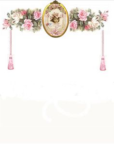 there is a clock on the wall with roses around it and pink tassels