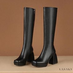 Lasaky - Long Boots with Tapered Leg and Headpiece Winter Knee-high Boots With Platform And Block Heel, Winter Platform Knee-high Boots With Block Heel, Casual Fitted Platform Boots With Closed Toe, Casual Fitted Closed Toe Platform Boots, Black Closed Toe Knee-high Boots For Winter, Black Round Toe Knee-high Boots For Fall, Trendy Black Knee-high Boots With Round Toe, Winter Knee-high Boots With Platform And Square Toe, Black Winter Boots With Stacked Heel