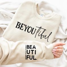 "Introducing our \"Be Youtiful Sweatshirt,\" a cozy and stylish garment designed to remind you to embrace your unique self. This positive saying sweatshirt is more than just apparel; it's a statement of self-love and acceptance. Wrap yourself in comfort and positivity with our \"Mental Health Sweatshirt,\" featuring a subtle yet impactful reminder to prioritize your well-being. Elevate your style with our \"Quote On Sleeve Sweatshirt,\" a chic and meaningful addition to your wardrobe, spreading Velvet Sweatshirt, Letter Print Sweatshirt, Print Pullover, Love Yourself, Sweater Sleeves, Casual Sweatshirt, Free Clothes, Long Sleeve Sweatshirts, Plus Clothing