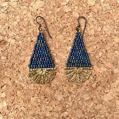 These carefully woven beaded earrings are inspired by the work of @thepacificthread. These earrings are very versatile and can be worn for work or a night out! They are made with gorgeous deep blue matte Japanese glass seed beads. The beads are woven onto hammered brass semi-circle frames and are finished with  high quality hypoallergenic niobium ear wires.  Nickel and lead free Length ~ 2 1/2 inches (6.35 cm) Width ~ 1 inch (2.54 cm) Blue Beaded Dangle Earrings In Brass, Blue Beaded Brass Dangle Earrings, Blue Beaded Brass Earrings, Blue Brass Beaded Dangle Earrings, Artisan Blue Beaded Earrings With Tiny Beads, Blue Dangle Beaded Brass Earrings, Bronze Bracelets, Bead Weaving Patterns, Hammered Brass