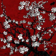 a painting of a tree with white flowers on a red background is featured in this image