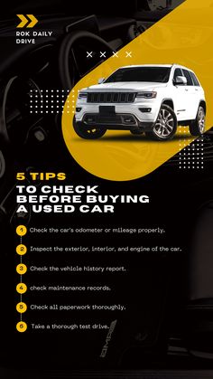 an advertisement for a used car with the title tips to check before buying a used car