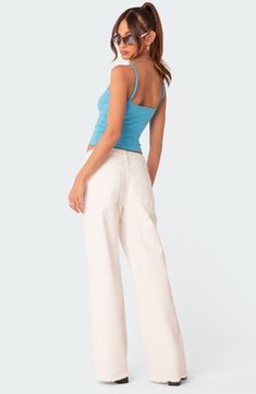 A low rise and relaxed fit lend trend-savvy appeal to nonstretch-denim jeans finished with frayed hems for lived-in appeal. 100% cotton Machine wash, dry flat Imported Low Rise Straight Leg Jeans, Jeans Low, Swimwear Dress, Wide Jeans, Low Rise Jeans, Top Sleeveless, Workout Tank Tops, Denim Fabric, Denim Top