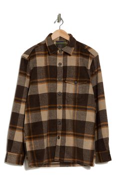 A buffalo plaid print brings rustic style to a brushed heather shirt-jacket constructed with a button front closure and chest patch pockets. 28" length (size Medium) Front button closure Spread collar Long sleeves 80% polyester, 20% wool Machine wash, tumble dry Imported Brown Fall Shacket For Outdoor, Brown Long Sleeve Shacket With Snap Buttons, Brown Fall Outdoor Shacket, Classic Button-up Flannel Outerwear, Brown Button-up Flannel Shirt With Pockets, Classic Brown Flannel Shirt With Button Closure, Fall Flannel Outerwear With Snap Buttons, Brown Collared Flannel Shirt With Buttons, Brown Collared Shacket With Flap Pockets