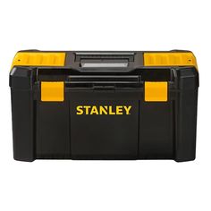 stanley toolbox with yellow handles and black bottom, holds two large plastic storage bins