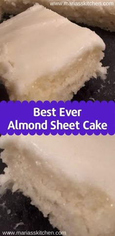 there is a piece of cake with white frosting on it and the words almond sheet cake