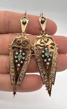 Antique 3" Victorian Etruscan 14k Yellow Gold Emerald Seed Pearl Dangle Earrings | eBay Antique 14k Gold Hallmarked Earrings, Victorian Hallmarked 14k Gold Earrings, Victorian 14k Gold Filigree Earrings, Antique Yellow Gold Drop Earrings, 14k Gold Victorian Filigree Earrings, Ornate Hallmarked Dangle Chandelier Earrings, Ornate Hallmarked Chandelier Dangle Earrings, Antique Hallmarked 14k Gold Earrings, Victorian 14k Gold Drop Earrings