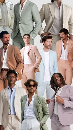 a collage of men in pastel suits and hats, all with different hairstyles