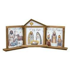 three wooden nativity frames with the birth of jesus