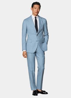 Light Blue Perennial Tailored Fit Havana Suit in Pure Tropical Wool | SUITSUPPLY US Men’s Light Blue Suit Jacket Outfit, Mens Blue Suits, Light Blue Suit Men, Light Blue Suit Wedding, Light Blue Linen Suit, Pastel Blue Suit, Powder Blue Suit, Mens Blue Suit, Light Blue Suit Jacket