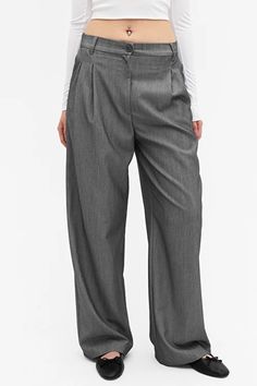 High waist wide leg trousers dark blue - Grey melange - Monki WW Chic Gray Wide Leg Pants, Chic Gray High-waisted Wide Leg Pants, Gray High Waist Baggy Wide Leg Pants, Gray High Waist Wide Leg Pants For Business Casual, Gray Wide Leg Pants For Formal Fall Occasions, Gray High Waist Wide Leg Pants, Gray Baggy Bottoms For Work, Gray High Waist Wide Leg Pants With Loose Hips, Gray Wide Leg High Waist Pants