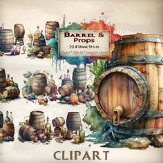 a painting of barrels and wine bottles with the words barrel & proof written on them