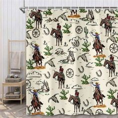 a shower curtain with cowboy images on it