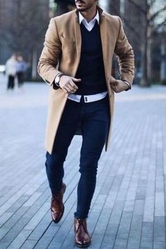 Dapper Mens Fashion, Fashion Vest, Chique Outfit, Mens Overcoat, Tan Coat, Mens Fashion Classy, Mens Lifestyle