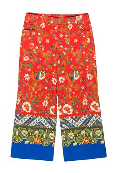 Current Boutique-Tory Burch - Red w/ Blue Floral Print Straight Leg Dayton Pants Sz 6 Floral Print Cotton Bottoms, Patterned Cotton Bottoms With Floral Print, Cotton Floral Print Patterned Bottoms, Patterned Floral Print Cotton Pants, Summer Floral Print Patterned Bottoms, Patterned Bottoms For Spring, Spring Floral Print Patterned Bottoms, Casual Multicolor Floral Print Ankle-length Pants, Multicolor Floral Print Ankle-length Pants