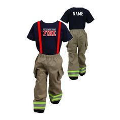 PRICES MAY VARY. Personalized on Front with Fire Department of Your Choice Personalized on Back with the Child Name of your choice Includes ONE Shirt & ONE Pants Personalized name is Professionally Thermal Bonded Personalized Items are not Eligible for Return or Exchange Go above and beyond with this adorable Firefighter Outfit. This outfit includes ONE Shirt and ONE pair of Pants. It's the perfect way for your little one to show their Firefighter Pride! Great for Halloween, Baby Showers, Birthd Short Sleeve Sets With Pockets For Playwear, Playwear Sets With Pockets And Short Sleeves, Firefighter Pants, Firefighter Outfit, Turnout Gear, Firefighter Costume, Bunker Gear, Red Vinyl, Navy Blue Shirts