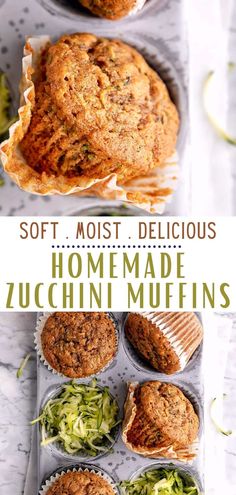 some muffins that are sitting on top of each other with the words soft, most delicious homemade zucchini muffins