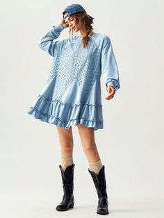 Neblina azul Dulce Collar manga larga Tela tejida Color combinado,Liso Smock Embellished Estiramiento medio Slim Fit Top, Dress Dusty, Elegant Dresses Long, Vacation Dresses, Dress For Short Women, Cute Woman, Elegant Dress, Long Sleeve Knit, Dress P