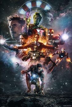 the poster for iron man 3 is shown in front of an image of two men