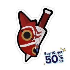 a sticker with an image of a red fish on it's face and the words buy 10 get 50 % off