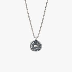 Sterling Silver Memento Mori Necklace – Degs & Sal Timeless Silver Necklace With Round Pendant, Timeless Silver Round Pendant Necklace, Sterling Silver Medallion With Adjustable Chain, Symbolic White Gold Box Chain Necklaces, Symbolic White Gold Necklaces With Box Chain, Symbolic White Gold Necklace With Box Chain, Sterling Silver Medallion Necklace With Box Chain, Nickel-free Sterling Silver Medallion Necklaces, Everyday Sterling Silver Square Pendant Jewelry