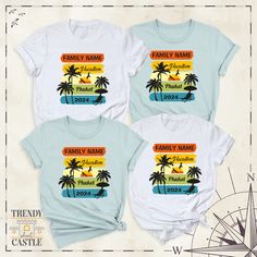 Custom Family Vacation Shirt, Family Beach Party Tees, Summer Holiday Family Trip Group Shirt, Family Travel Shirts, Sunset Palm Tree Shirt Custom Family Vacation Shirt: Make your family vacation even more memorable with our Custom Family Vacation Shirt! This shirt is perfect for your family beach party or summer holiday family trip, creating a unified and fun look for the whole group. Personalized with your family name or special message, it's a great way to celebrate your time together. The vibrant sunset palm tree design adds a tropical flair, making it ideal for family travel shirts. Whether you're taking a beach trip or just want a matching family outfit, these Family Beach Party Tees are a must-have. Show off your family spirit and create lasting memories with our Custom Family Vacat Relaxed Fit T-shirt For Family Reunion In Summer, Relaxed Fit T-shirt For Summer Family Reunion, Cotton Tops For Family Reunion Beach Season, Vacation Letter Print Tops For Family Reunion, Short Sleeve T-shirt For Family Reunion In Summer, Letter Print Tops For Family Reunion At Beach, Letter Print Tops For Family Reunion In Summer, Casual T-shirt For Family Reunion Beach Season, Summer Letter Print Tops For Family Reunion