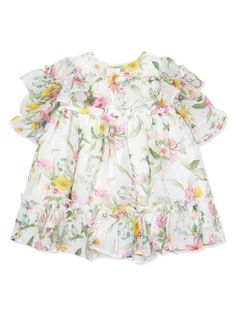 white/multicolour cotton all-over floral print ruffled detailing round neck concealed rear zip fastening short sleeves mid-length