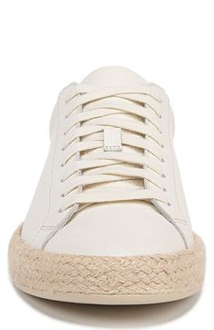 Espadrille-inspired braided jute trim brings warm-weather appeal to this sleek low-profile sneaker crafted of finely grained leather. Lace-up style Leather upper and lining/rubber sole Imported Leather Low-top Sneakers With Woven Sole, Summer Low-top Sneakers With Stitched Sole, Summer Leather Sneakers With Rubber Sole, Leather Sneakers With Rubber Sole For Summer, Sporty Leather Sneakers For Summer, Leather Sneakers With Woven Sole For Spring, Low-top Canvas Sneakers With Woven Sole, Spring Sneakers With Textured Sole, Comfortable Leather Sneakers For Summer