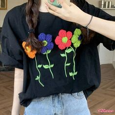 Qteee - Premium 3D Blossom Embroidered Relaxed-Fit T-Shirt Black Floral Embroidery Crew Neck T-shirt, Summer Floral Applique T-shirt With Crew Neck, Summer Floral Applique Crew Neck T-shirt, Embroidered Black T-shirt For Spring, Floral Applique Crew Neck T-shirt For Summer, Summer Crew Neck T-shirt With Floral Applique, Black Embroidered T-shirt For Spring, Spring Casual T-shirt With Floral Applique, Casual Embroidered Graphics T-shirt For Spring